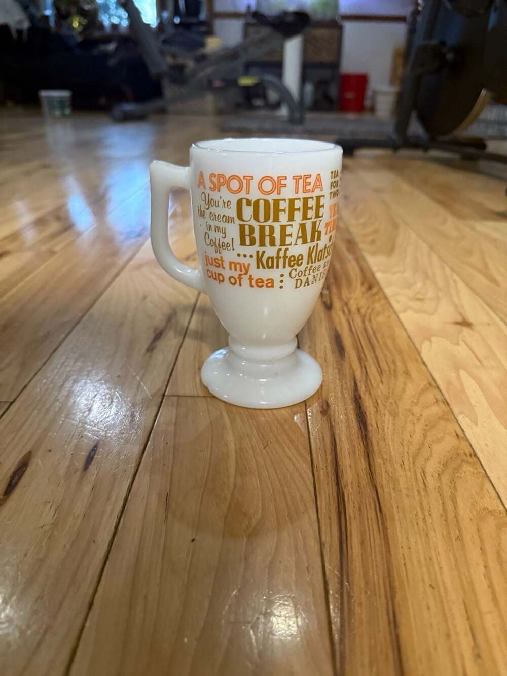 Vintage Milk Glass Pedestal Coffee Mug with 'Coffee Break' Motif